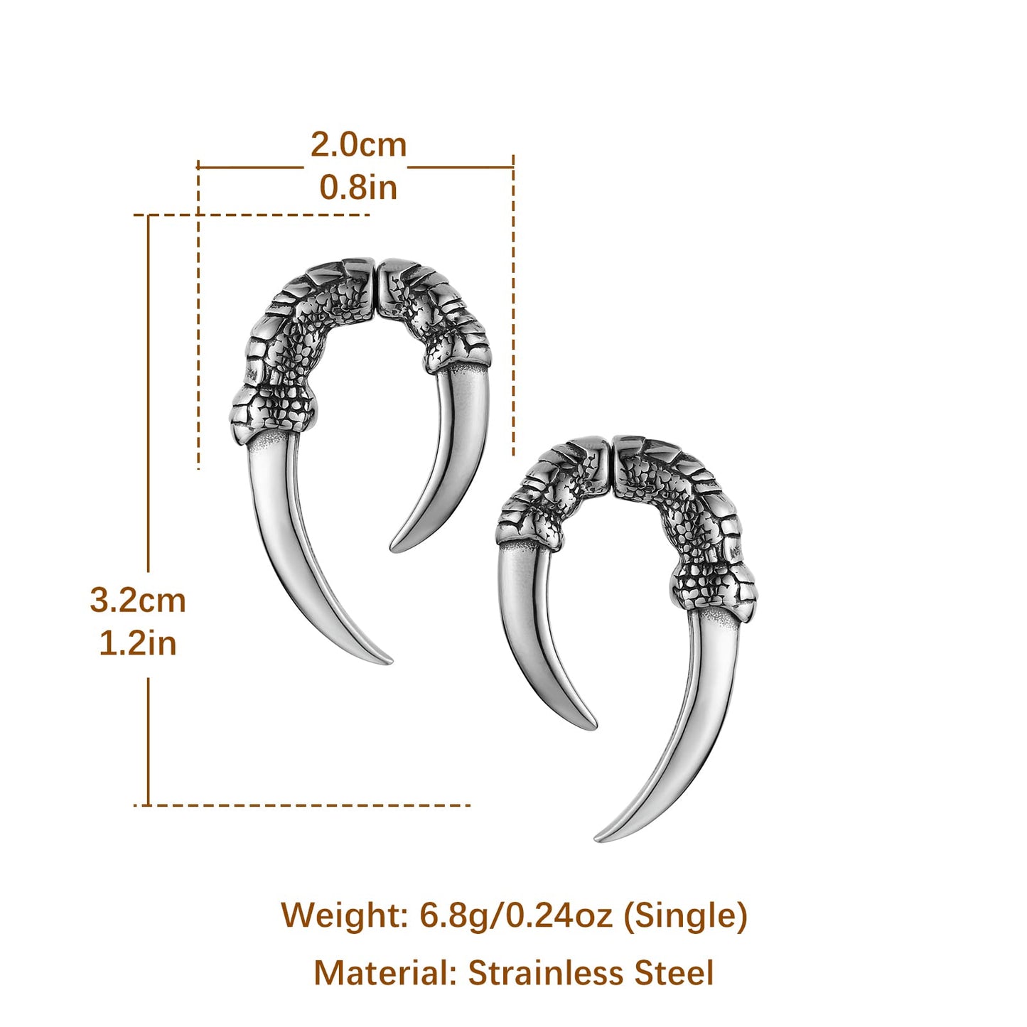 HZMAN Stainless Steel Dragon Claw Stud Earrings for Men Women Gothic Punk Piercing Sharp Claw Earring Jewelry Gift