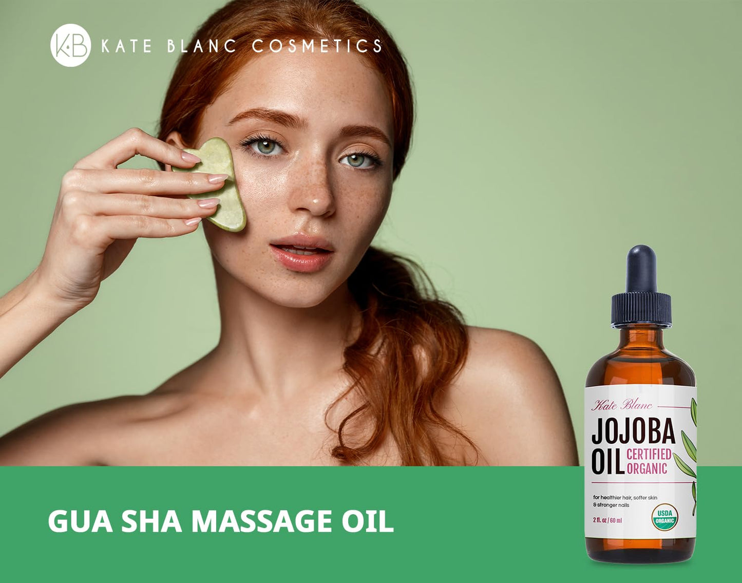 Kate Blanc Cosmetics Jojoba Oil for Hair Growth, Face, Skin (2oz, Organic, Pure) Stocking Stuffers Christmas Gifts for Women, Men, Mom, Dad, Teen. Gua Sha Oil for Facial Massage and Dermaplaning