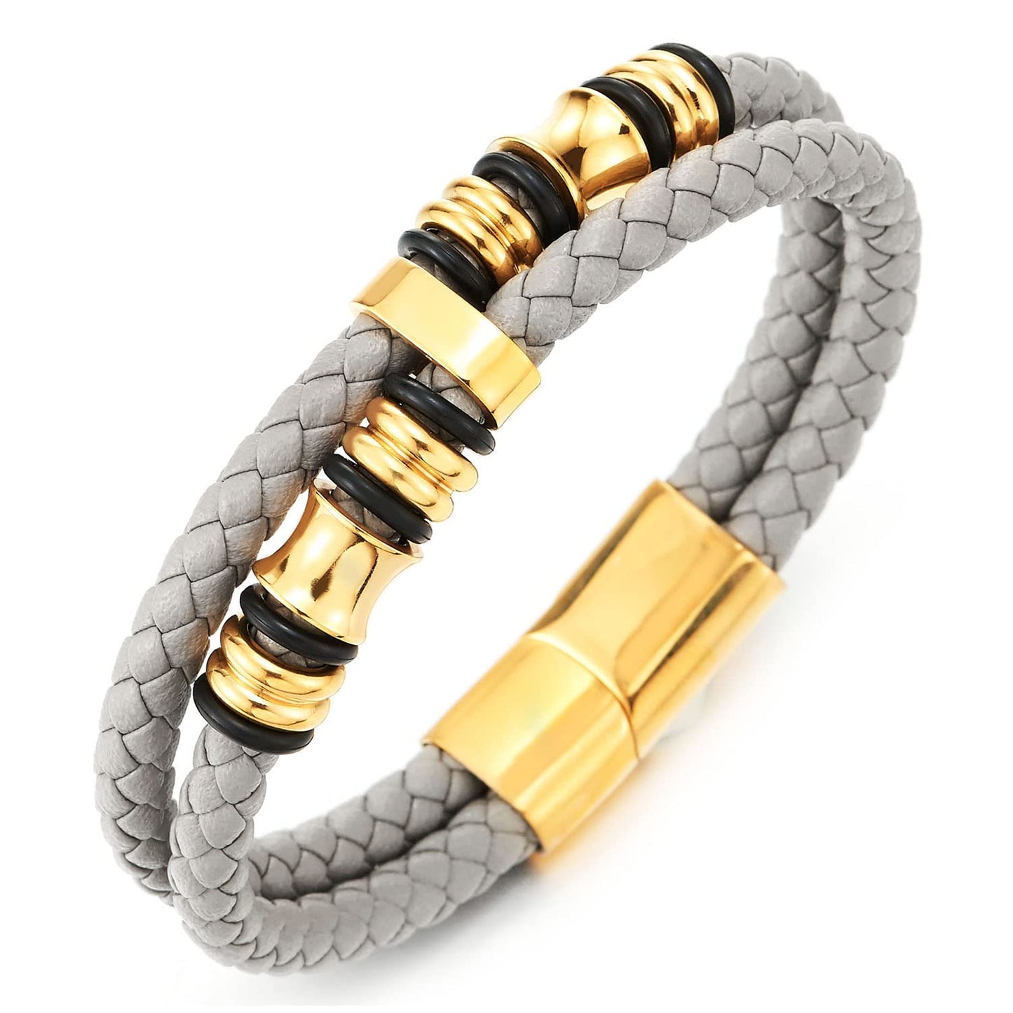 COOLSTEELANDBEYOND Mens Double-Row Braided Leather Bracelet Bangle Wristband with Stainless Steel Ornaments