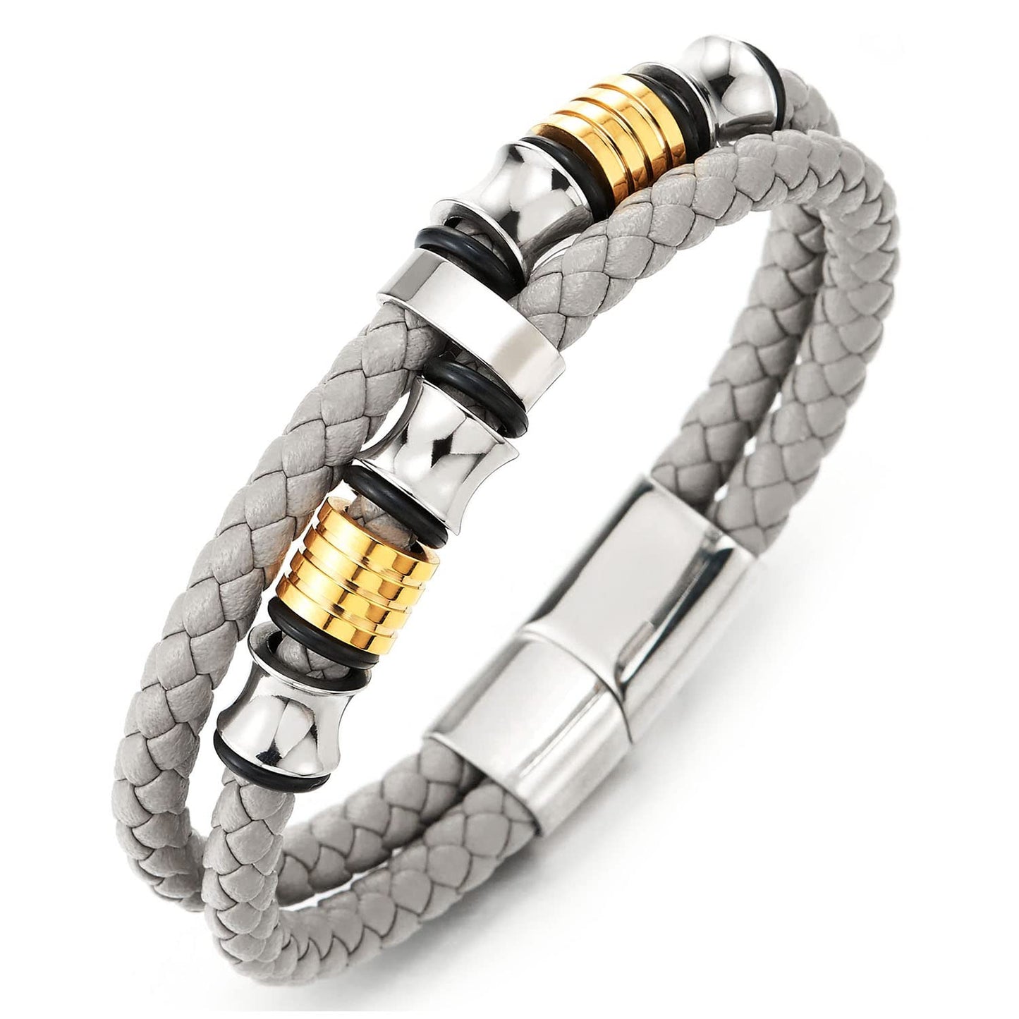 COOLSTEELANDBEYOND Mens Double-Row Braided Leather Bracelet Bangle Wristband with Stainless Steel Ornaments