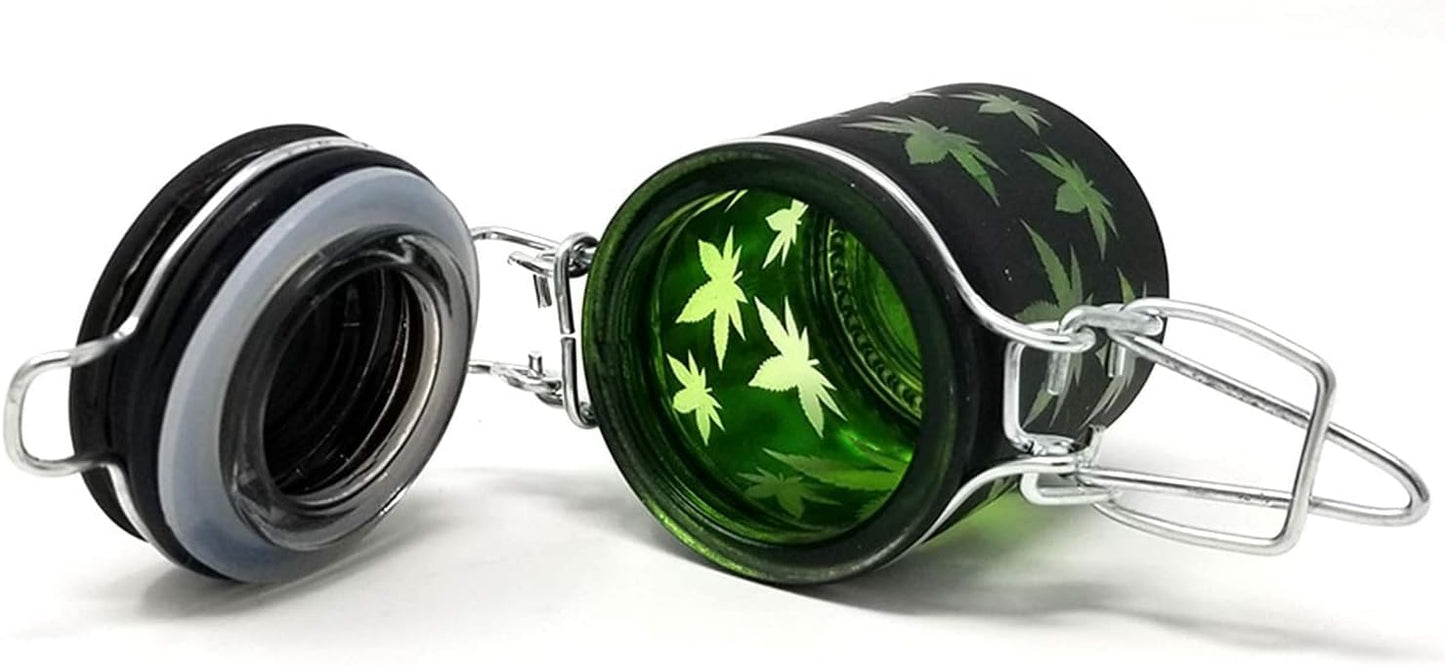 Airtight Glass Herb Mini Stash Jar with Clamping Lid in Choice of Design (Black Frosted with Green Leaf)