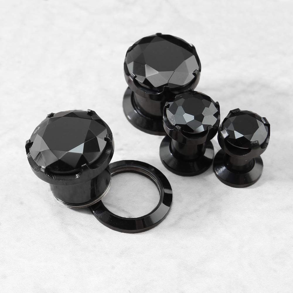 ZS Black CZ Stone Ear Gauges Stainless Steel Screw Plugs Tunnel Ear Expander Stretcher Piercing