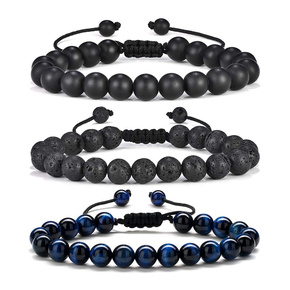 M MOOHAM Natural Stone Bracelets for Men - 8mm Tiger Eye | Matte Agate | Lava Rock Bracelets for Men Teen Boys Gifts Fathers Day Anniversary Birthday Gifts for Him