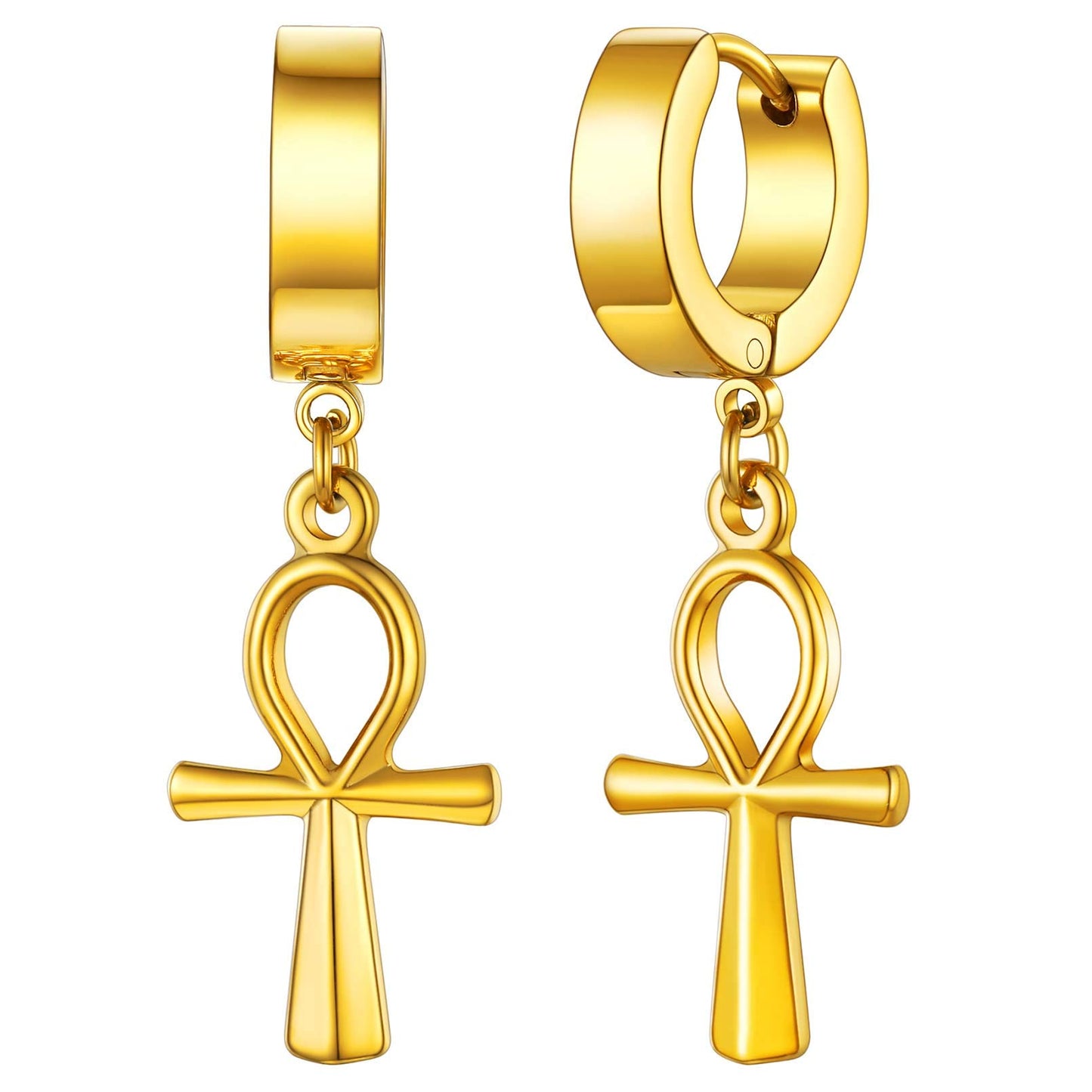 FaithHeart Huggie Hoop Earrings for Women-Stainless Steel/18K Gold Plated Dangling Drop Earring Ankh/Cross/Padlock/Italian Horn/Eye/Key Hoops Jewelry