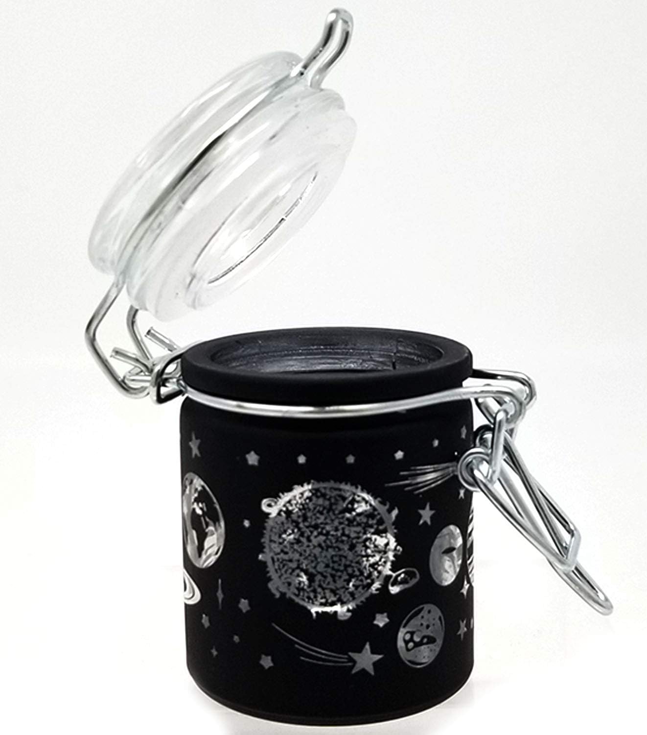 Airtight Glass Herb Stash Jar with Clamping Lid in Choice of Design (Black Frosted Galaxy)