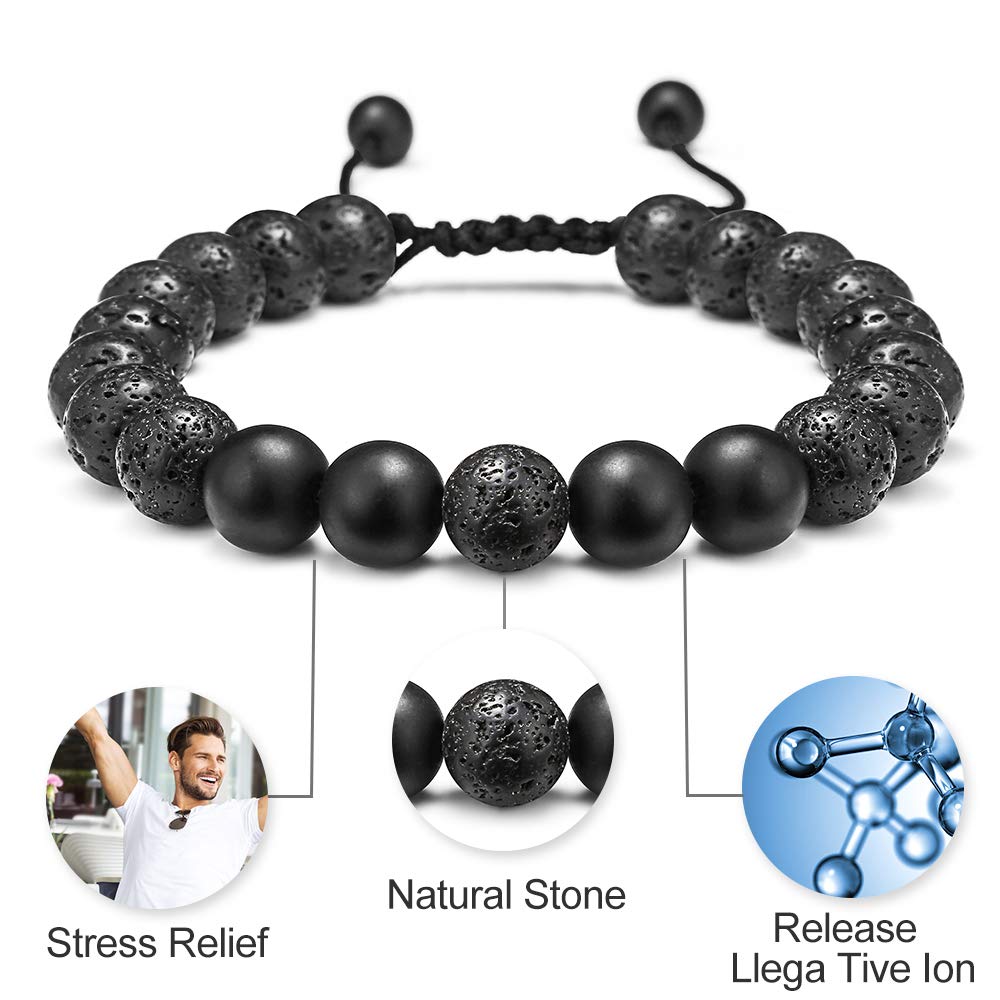 M MOOHAM Natural Stone Bracelets for Men - 8mm Tiger Eye | Matte Agate | Lava Rock Bracelets for Men Teen Boys Gifts Fathers Day Anniversary Birthday Gifts for Him