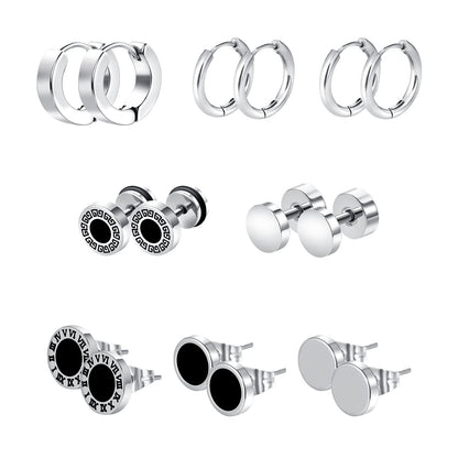 Black Stainless Steel Stud Earrings for Men Women Small Huggie Hoop Earrings Set for Men Cool Goth Punk Earrings Barbell Earrings Black Silver Hoop Cartilage Earring (Classic) (Black Tone)