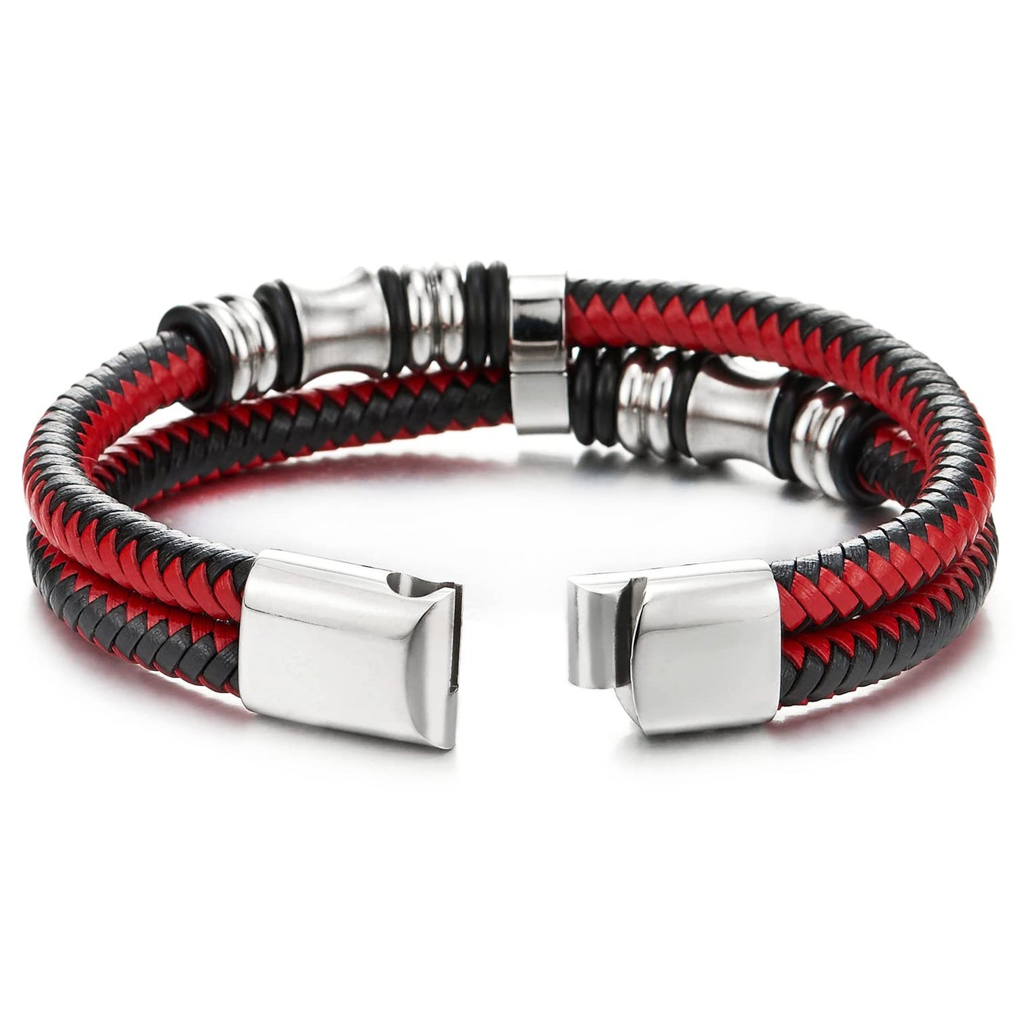 COOLSTEELANDBEYOND Mens Double-Row Braided Leather Bracelet Bangle Wristband with Stainless Steel Ornaments