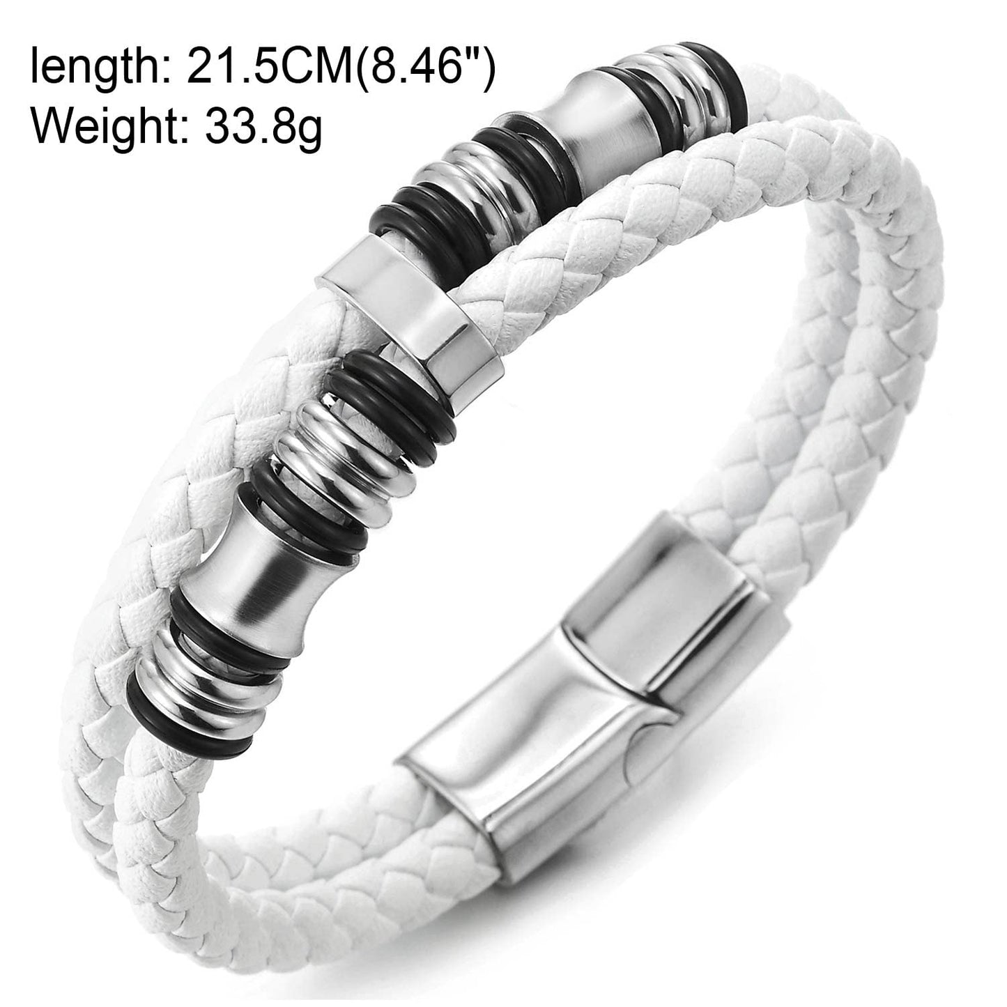 COOLSTEELANDBEYOND Mens Double-Row Braided Leather Bracelet Bangle Wristband with Stainless Steel Ornaments