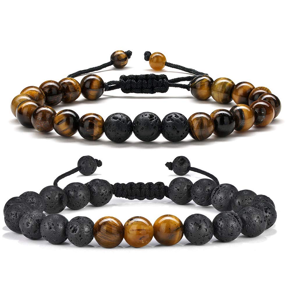 M MOOHAM Natural Stone Bracelets for Men - 8mm Tiger Eye | Matte Agate | Lava Rock Bracelets for Men Teen Boys Gifts Fathers Day Anniversary Birthday Gifts for Him