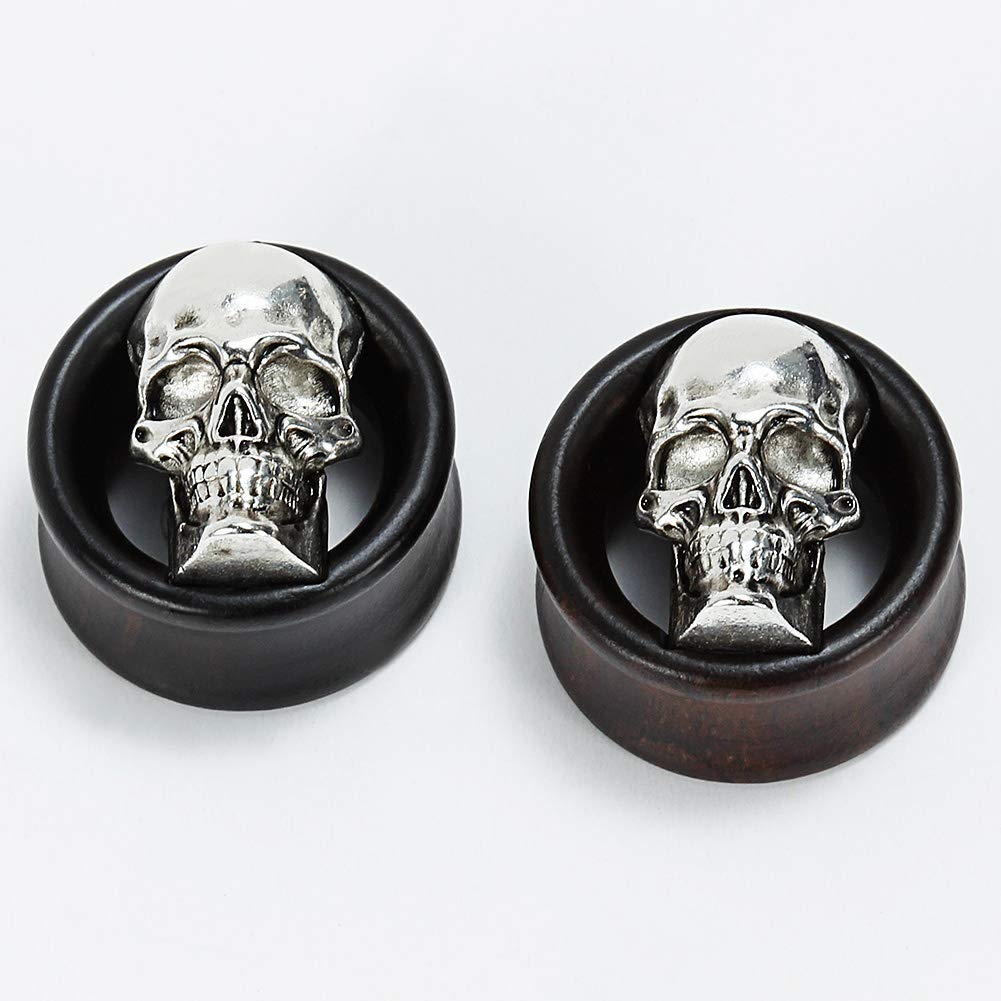 TBOSEN 2 or 4 pcs Antiqued Skull Wood Double Flared Ear Plug Saddle Organic Black Areng Flesh Tunnels Gauges 0g - 1 inch