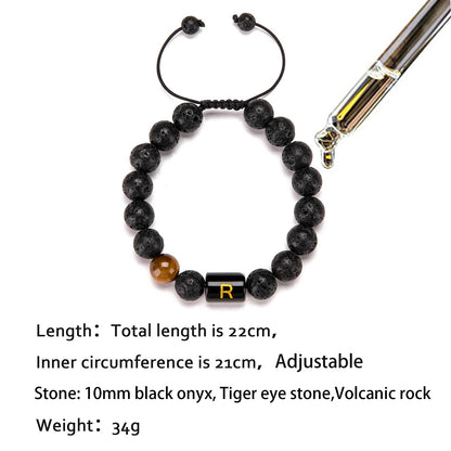 Initials Bracelets for Men Letter Link Handmade Natural Black Onyx Tiger Eye Stone Beads Braided Rope Meaningful Bracelet