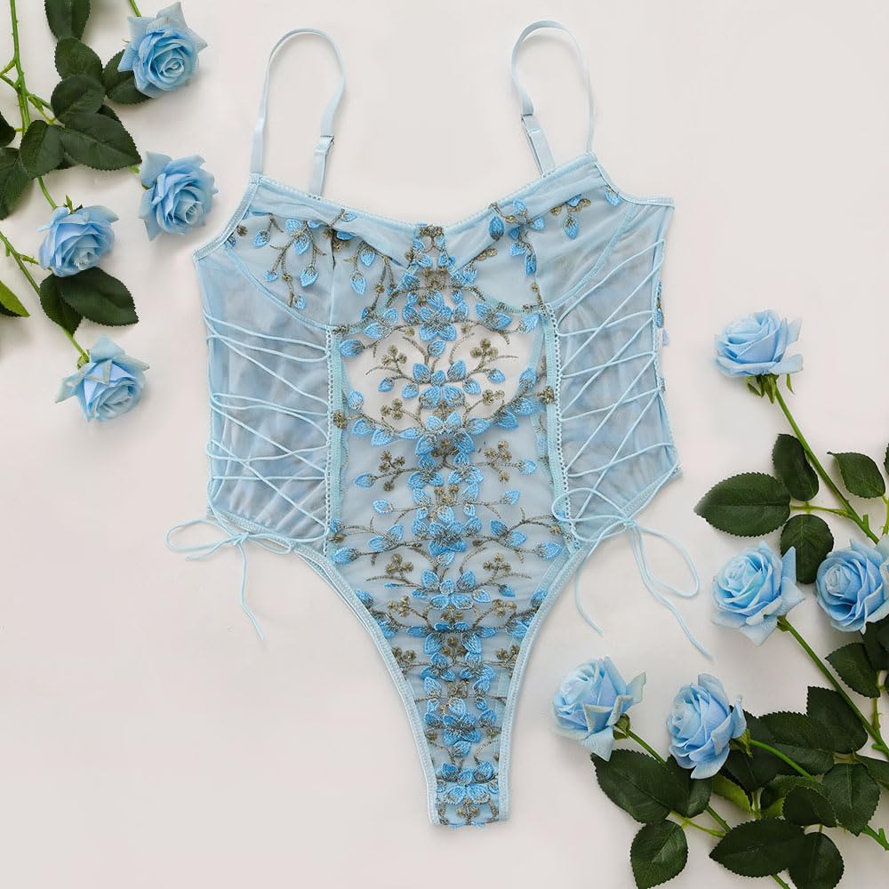 Lilosy Women Sexy Lace Up Floral Embroidered Teddy Lingerie Bodysuit Top Mesh Sheer One Piece