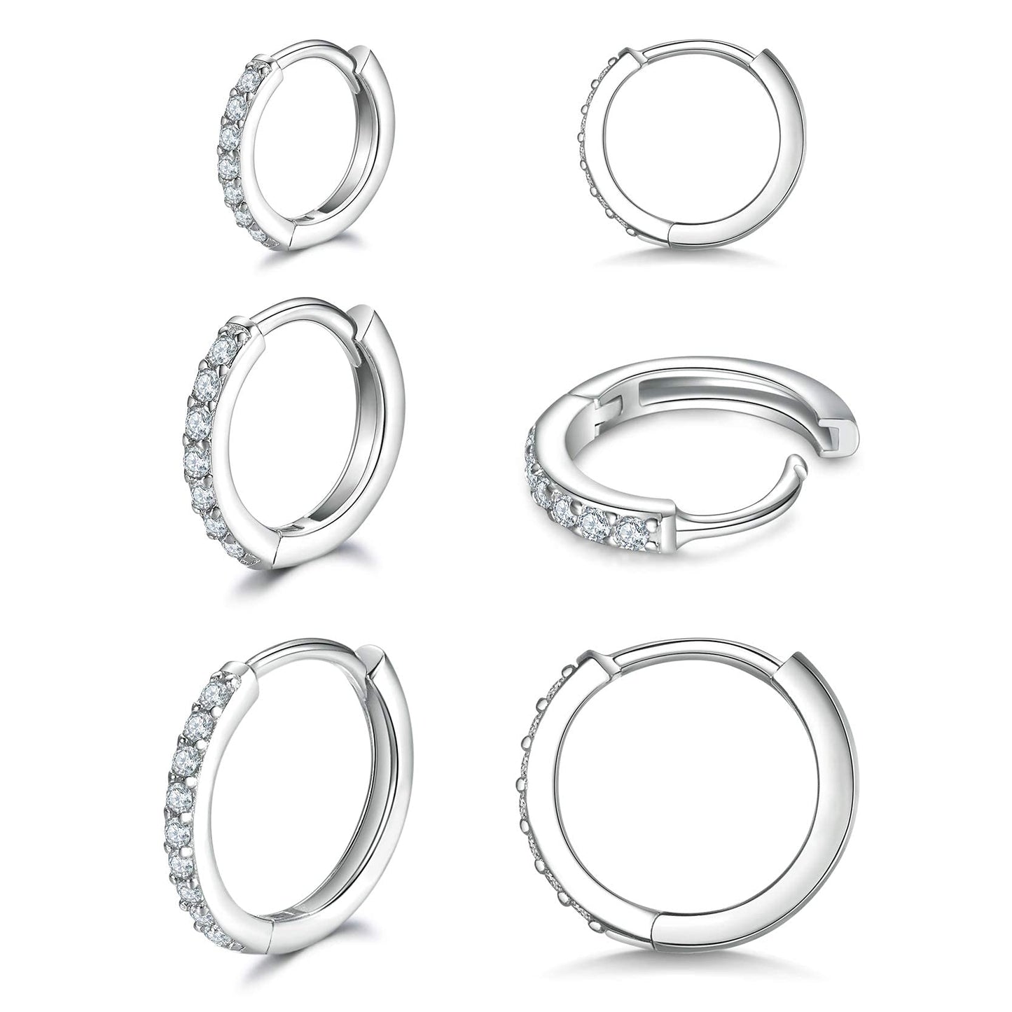 925 Sterling Silver Small Hoop Earrings Cubic Zirconia Huggie Hoop Earrings, 3 Pairs 14K White Gold Plated Cartilage Piercing Earrings Ear Cuff Tiny Hoop Earrings for Women Men