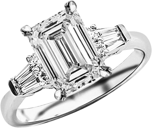 14K White Gold 2 Carat LAB GROWN DIAMOND Prong Set Round And Baguette Emerald Cut Diamond Engagement Ring (G-H Color VS1-VS2 Clarity 1.5 Ct Center)