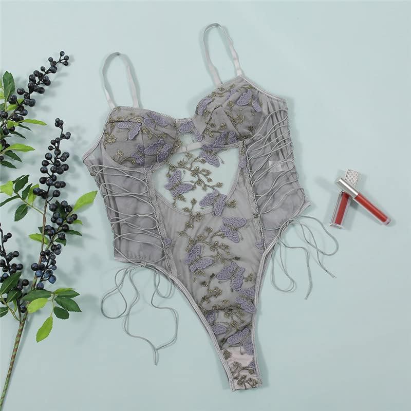 Lilosy Women Sexy Lace Up Floral Embroidered Teddy Lingerie Bodysuit Top Mesh Sheer One Piece