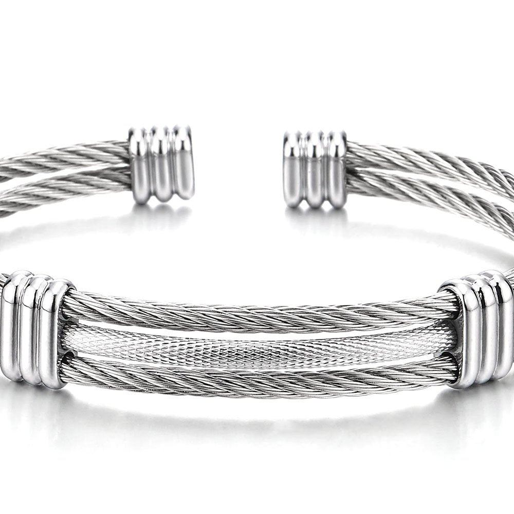 COOLSTEELANDBEYOND Men Women Stainless Steel Twisted Cable Adjustable Cuff Bangle Bracelet