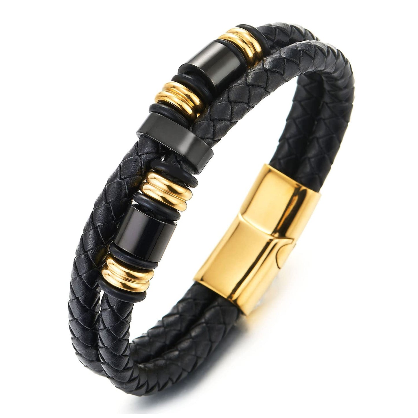 COOLSTEELANDBEYOND Mens Double-Row Braided Leather Bracelet Bangle Wristband with Stainless Steel Ornaments