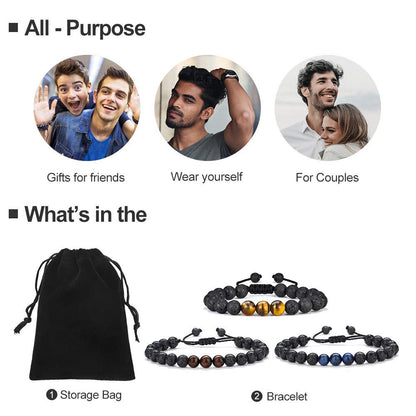 M MOOHAM Natural Stone Bracelets for Men - 8mm Tiger Eye | Matte Agate | Lava Rock Bracelets for Men Teen Boys Gifts Fathers Day Anniversary Birthday Gifts for Him