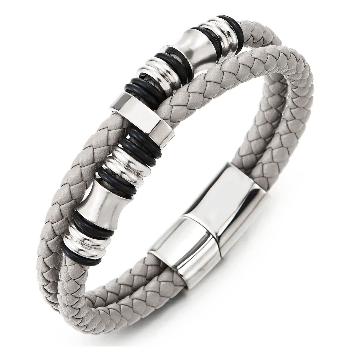 COOLSTEELANDBEYOND Mens Double-Row Braided Leather Bracelet Bangle Wristband with Stainless Steel Ornaments