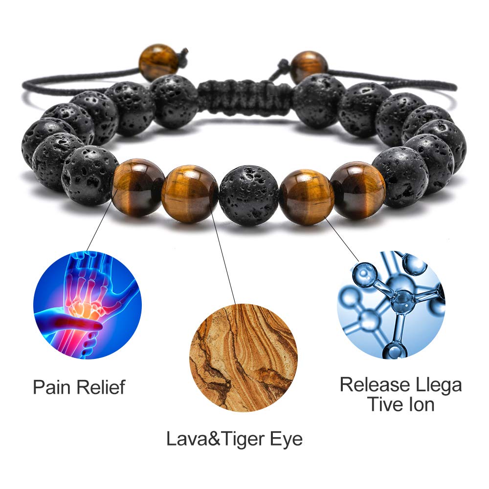 M MOOHAM Natural Stone Bracelets for Men - 8mm Tiger Eye | Matte Agate | Lava Rock Bracelets for Men Teen Boys Gifts Fathers Day Anniversary Birthday Gifts for Him