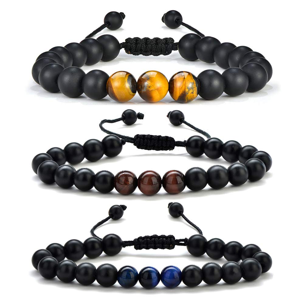 M MOOHAM Natural Stone Bracelets for Men - 8mm Tiger Eye | Matte Agate | Lava Rock Bracelets for Men Teen Boys Gifts Fathers Day Anniversary Birthday Gifts for Him