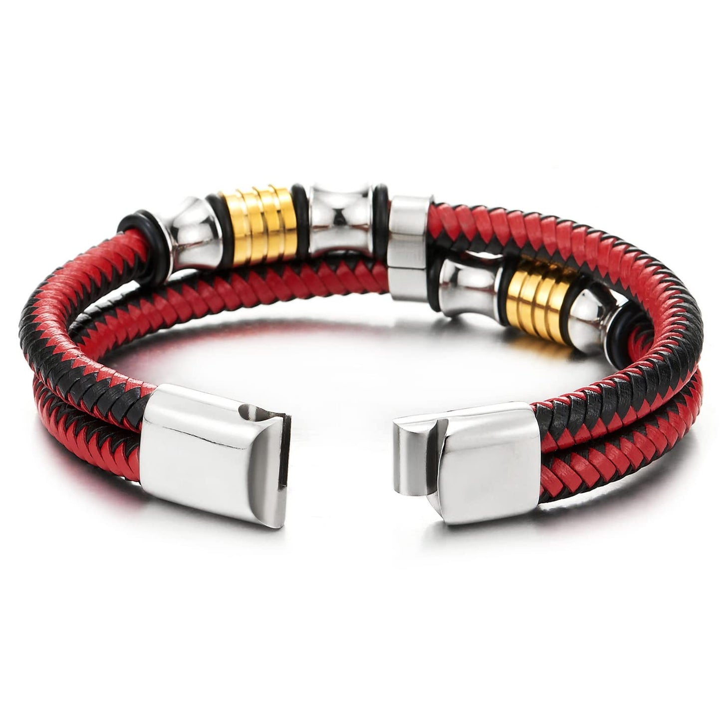 COOLSTEELANDBEYOND Mens Double-Row Braided Leather Bracelet Bangle Wristband with Stainless Steel Ornaments