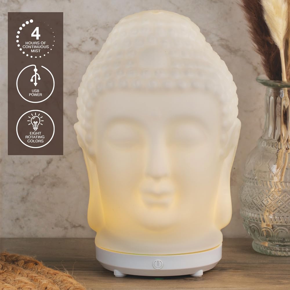 SpaRoom Glass Buddha Essential Oil Ultrasonic Aromatherapy Diffuser - 70 mL Water Tank - Automatic Shut Off
