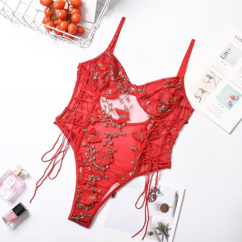 Lilosy Women Sexy Lace Up Floral Embroidered Teddy Lingerie Bodysuit Top Mesh Sheer One Piece