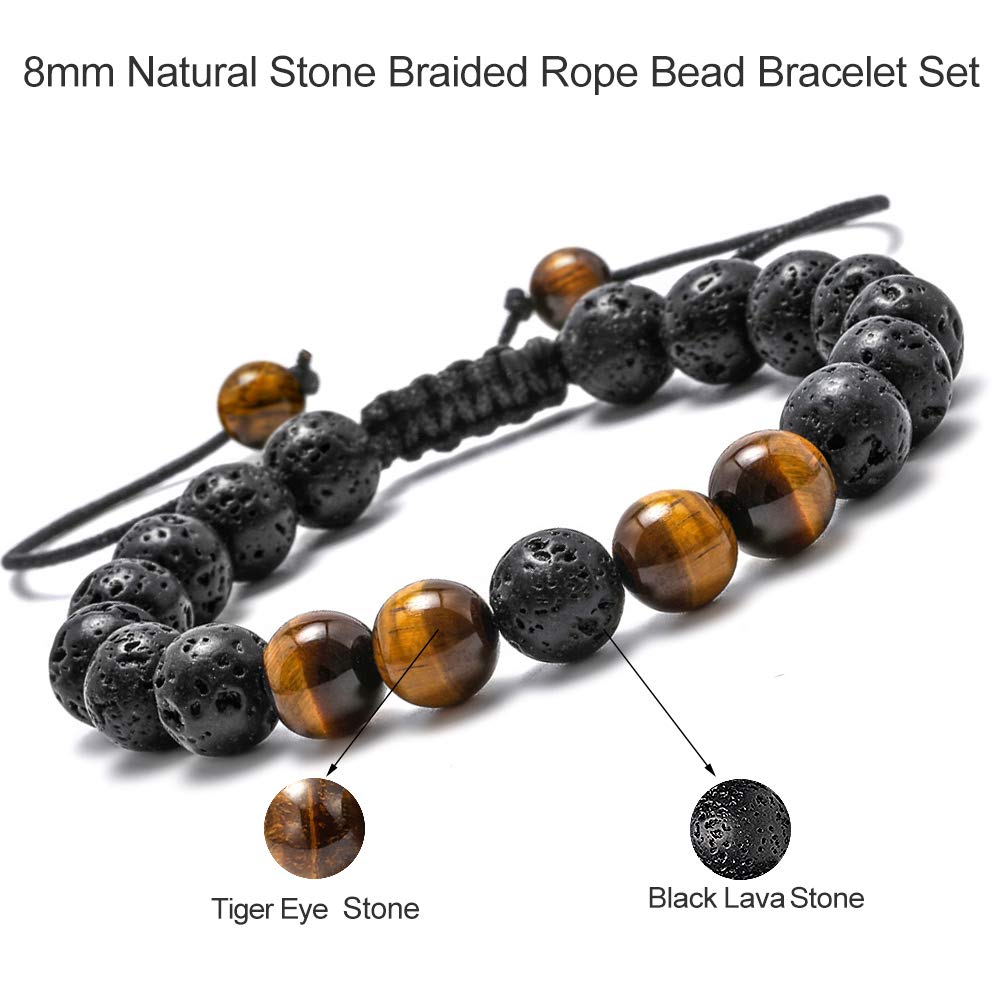 M MOOHAM Natural Stone Bracelets for Men - 8mm Tiger Eye | Matte Agate | Lava Rock Bracelets for Men Teen Boys Gifts Fathers Day Anniversary Birthday Gifts for Him