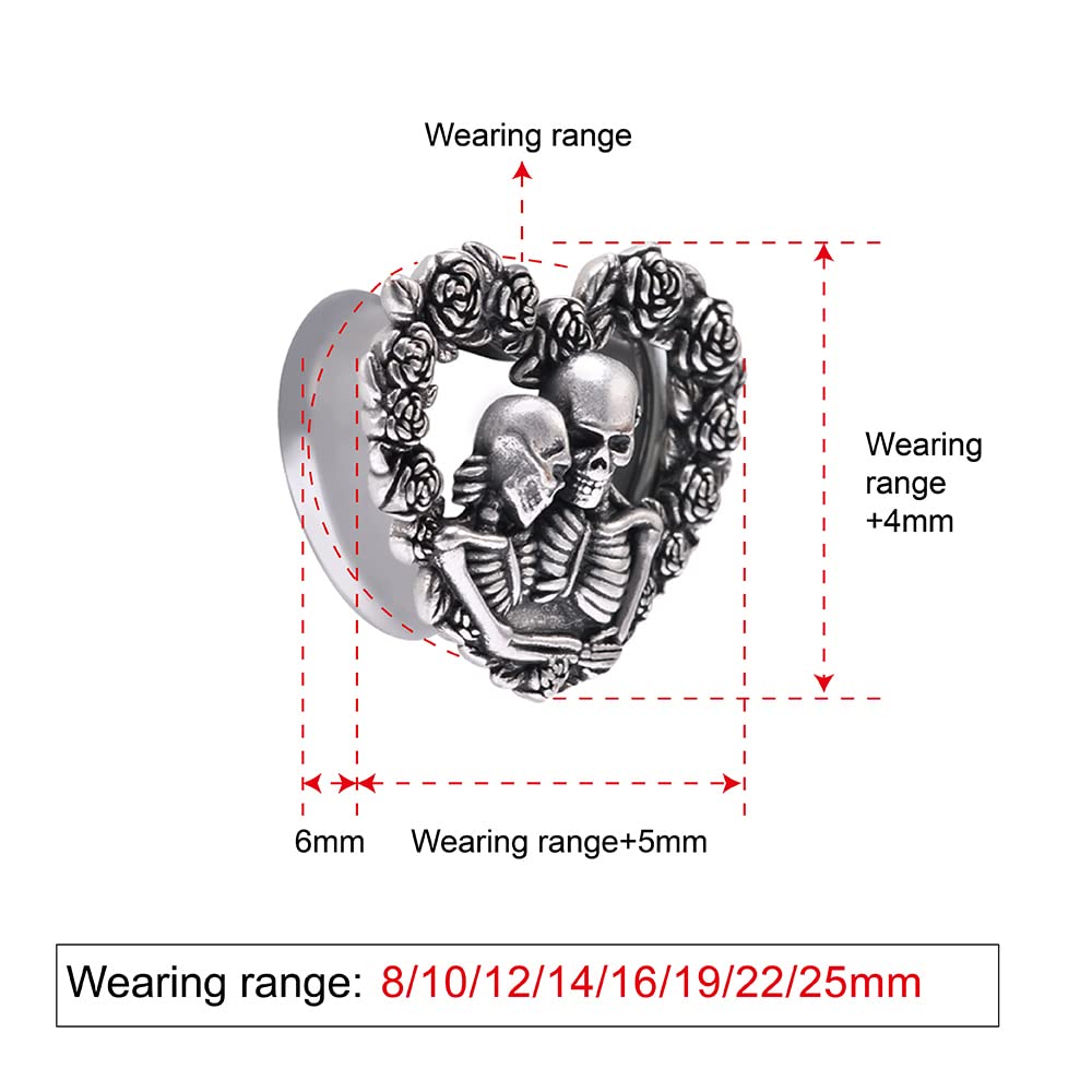 1 Pair Stainless Steel Ear Gauges Tunnels Heart shaped Skull Lovers Antique Silver 0g-1 Inch Single Flare For Men For Women