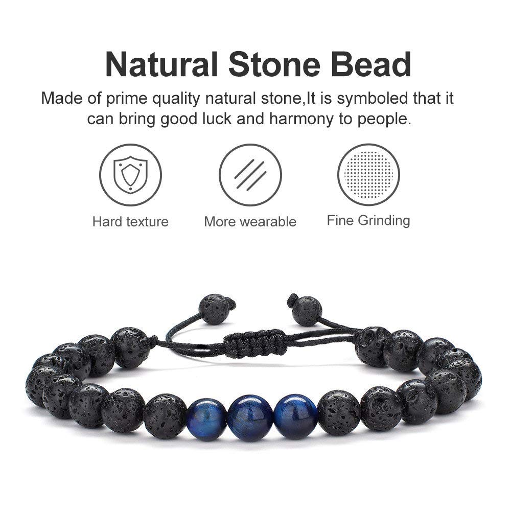 M MOOHAM Natural Stone Bracelets for Men - 8mm Tiger Eye | Matte Agate | Lava Rock Bracelets for Men Teen Boys Gifts Fathers Day Anniversary Birthday Gifts for Him