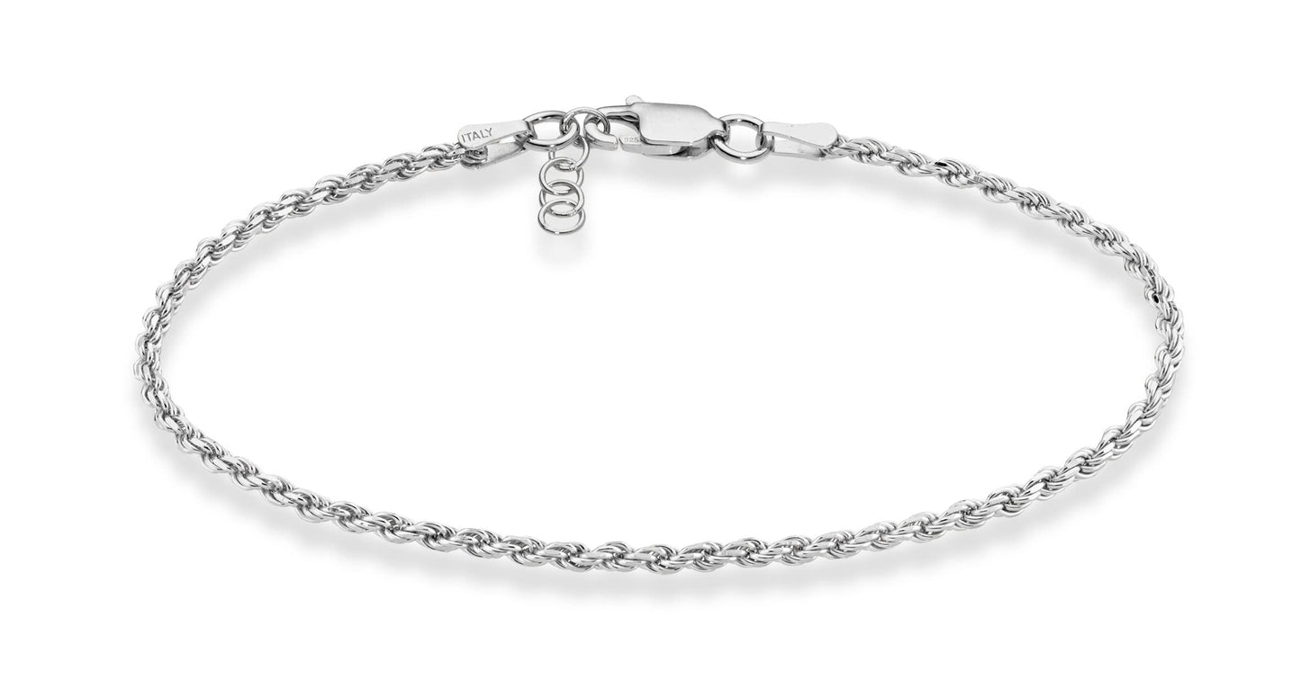 Miabella Solid 925 Sterling Silver Italian 2mm, 3mm Diamond-Cut Braided Rope Chain Bracelet for Women Men, Made in Italy