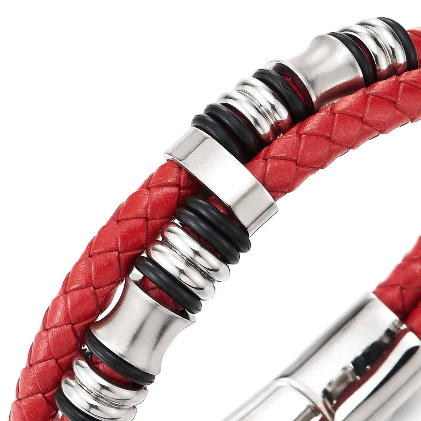 COOLSTEELANDBEYOND Mens Double-Row Braided Leather Bracelet Bangle Wristband with Stainless Steel Ornaments