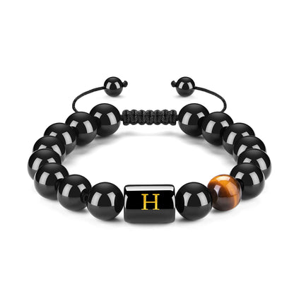 Initials Bracelets for Men Letter Link Handmade Natural Black Onyx Tiger Eye Stone Beads Braided Rope Meaningful Bracelet