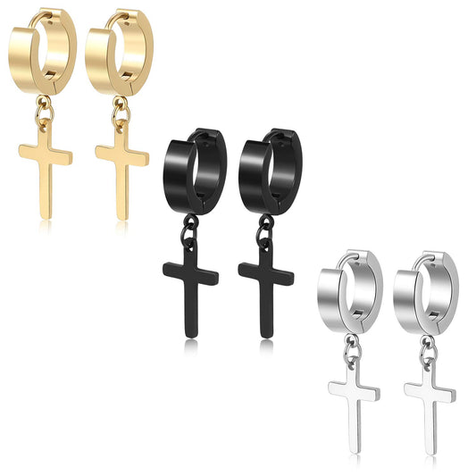 Men Women Stainless Steel Cross Earrings Set Dangle Hinged Earrings of Dangle Hinged Earrings Cross hoop Earrings