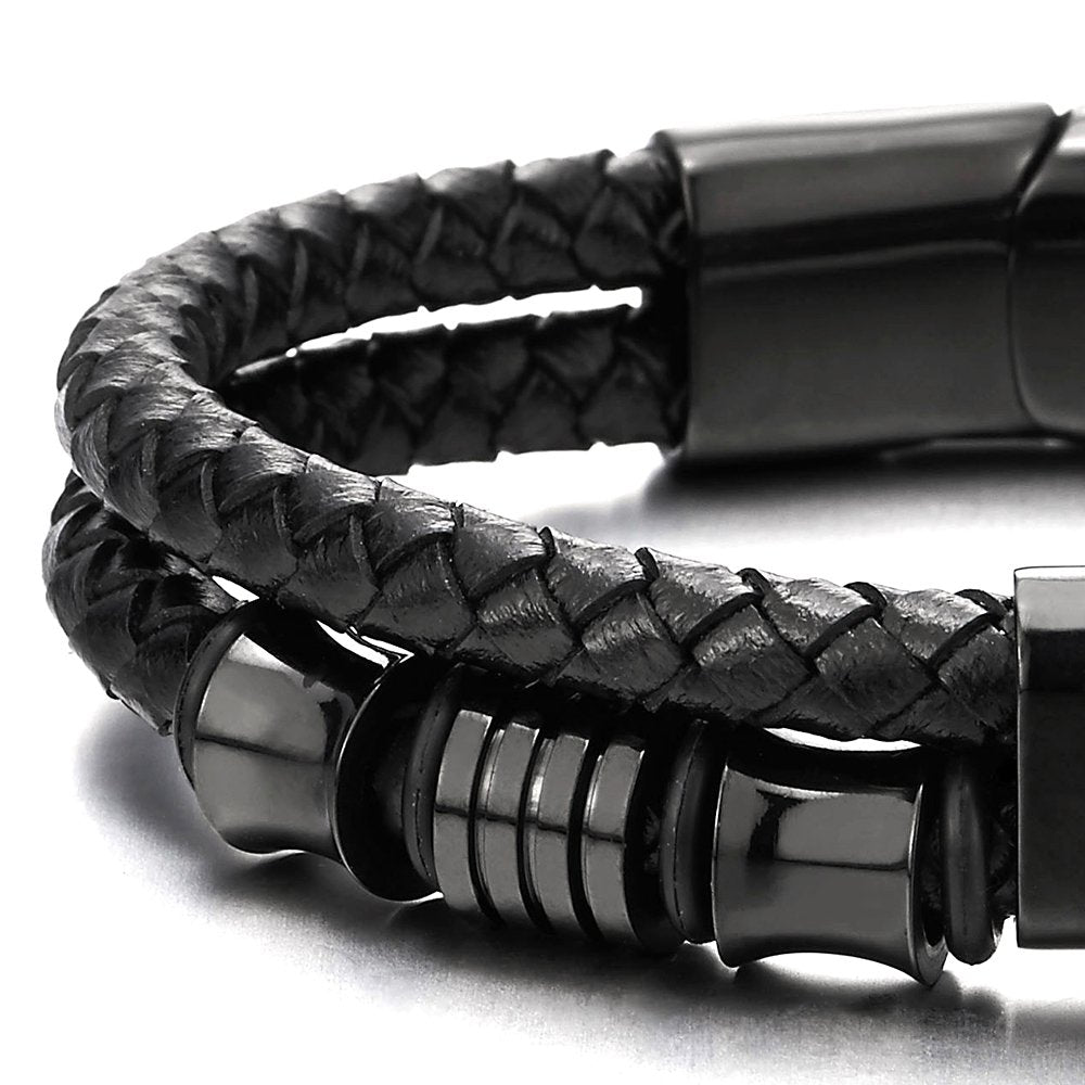 COOLSTEELANDBEYOND Mens Double-Row Braided Leather Bracelet Bangle Wristband with Stainless Steel Ornaments