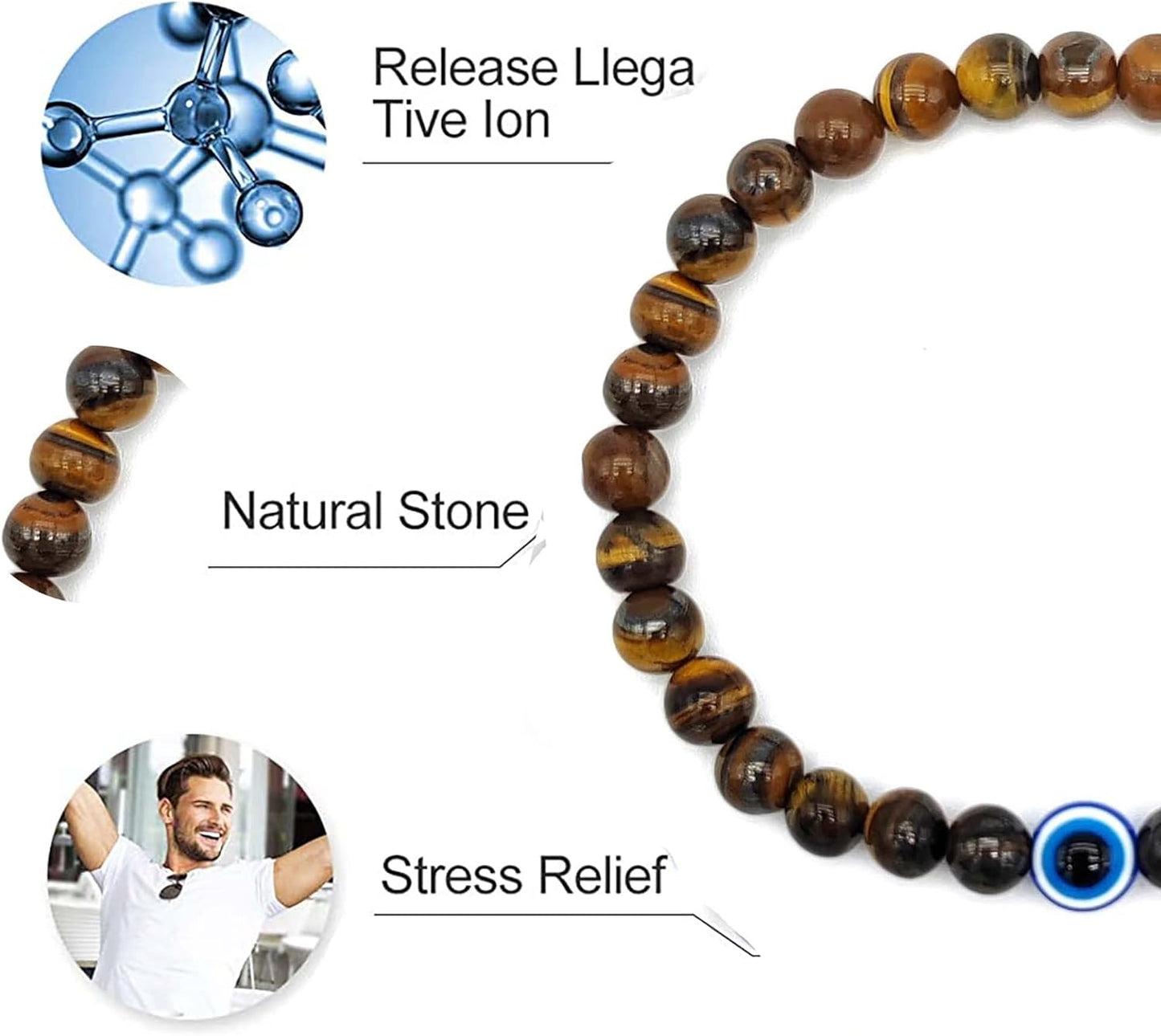 Natural Stone Agate Elastic Evil Eye Bracelet Kit with Charms Adjustable for Men Boyfriend for Gift Boys Stretch Bracelet for son Gifts 6mm