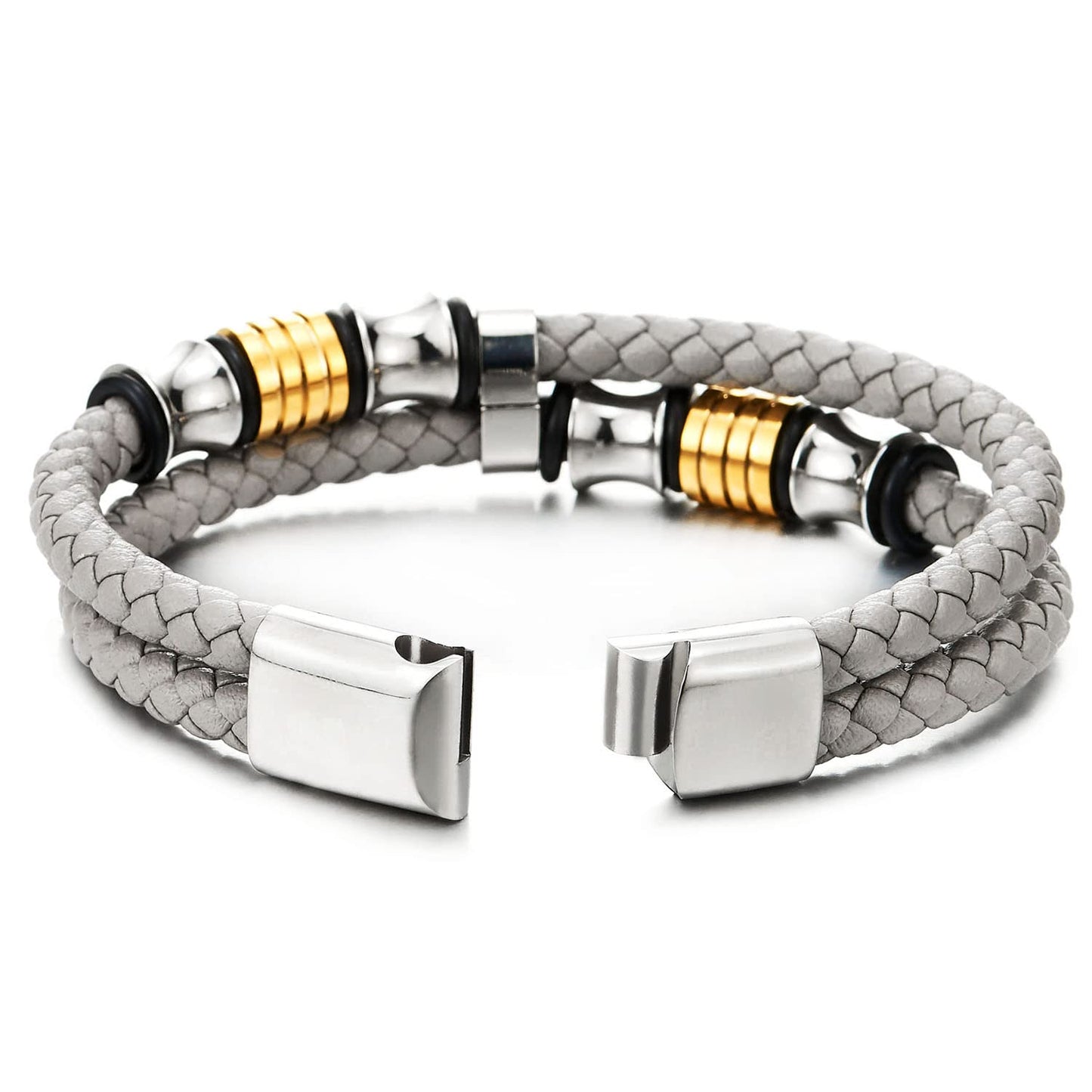 COOLSTEELANDBEYOND Mens Double-Row Braided Leather Bracelet Bangle Wristband with Stainless Steel Ornaments