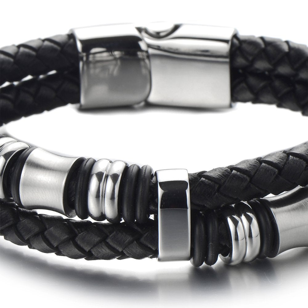 COOLSTEELANDBEYOND Mens Double-Row Braided Leather Bracelet Bangle Wristband with Stainless Steel Ornaments