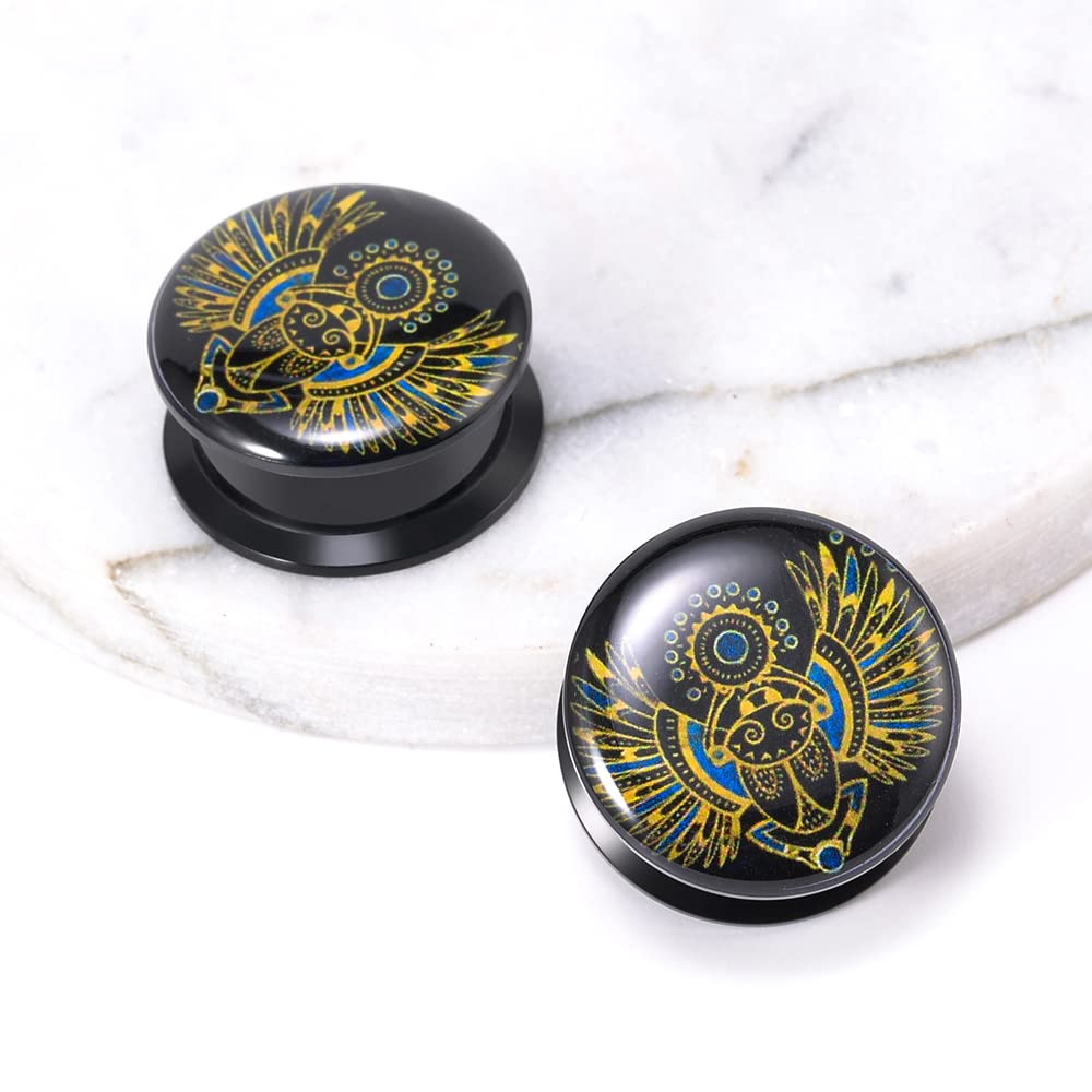 1 Pair Acrylic Solid Screw On Ear Plugs Tunnels Allergy Free 2g- 1 Inch Stretcher Steampunk Graffiti Pattern Color Painting For Women For Men Body Piercing Jewelry