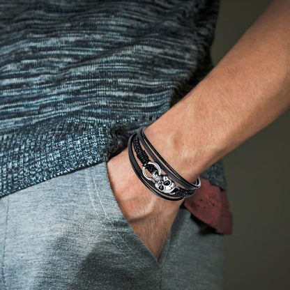 Mens Skull Bracelet Black Braided Leather Cuff Bangle Stainless Steel Punk Gifts for Men