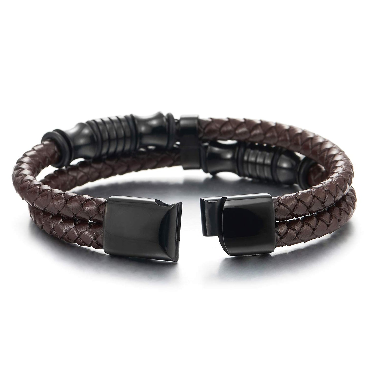 COOLSTEELANDBEYOND Mens Double-Row Braided Leather Bracelet Bangle Wristband with Stainless Steel Ornaments