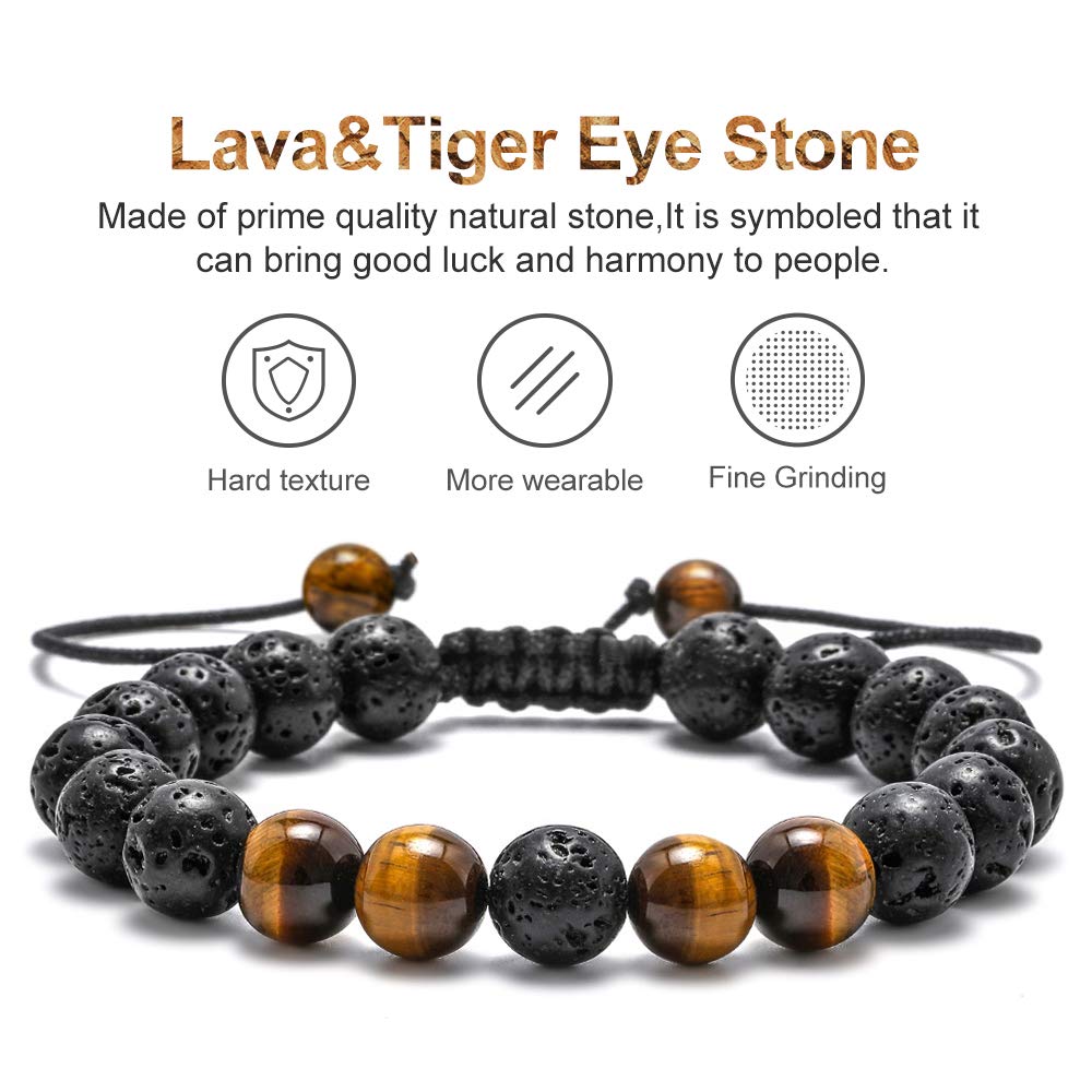 M MOOHAM Natural Stone Bracelets for Men - 8mm Tiger Eye | Matte Agate | Lava Rock Bracelets for Men Teen Boys Gifts Fathers Day Anniversary Birthday Gifts for Him