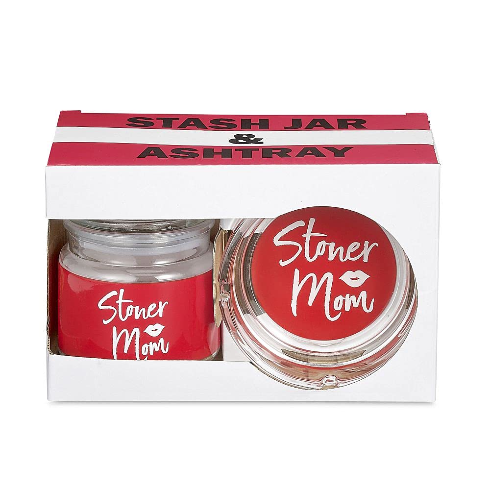 FASHIONCRAFT 82536 Ashtray and Stash Jar Set, Stash Jar, Birthday Gift for Moms, Red Stoner Mom Design