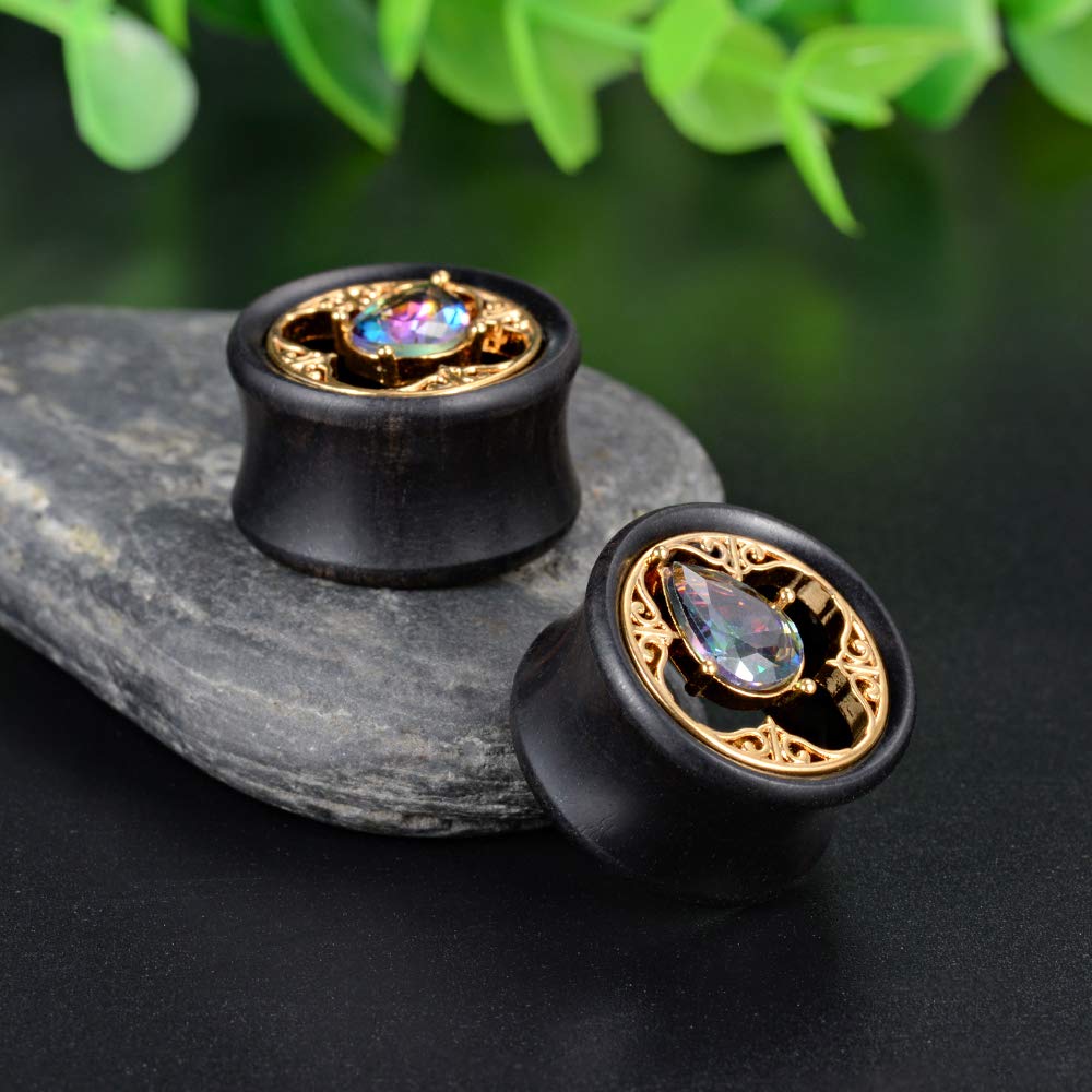 COOEAR Wood Ear Gauges Flesh Tunnels Gem Plugs Piercing Metal Earrings Double Flared Stretchers 0g to 1 Inch.