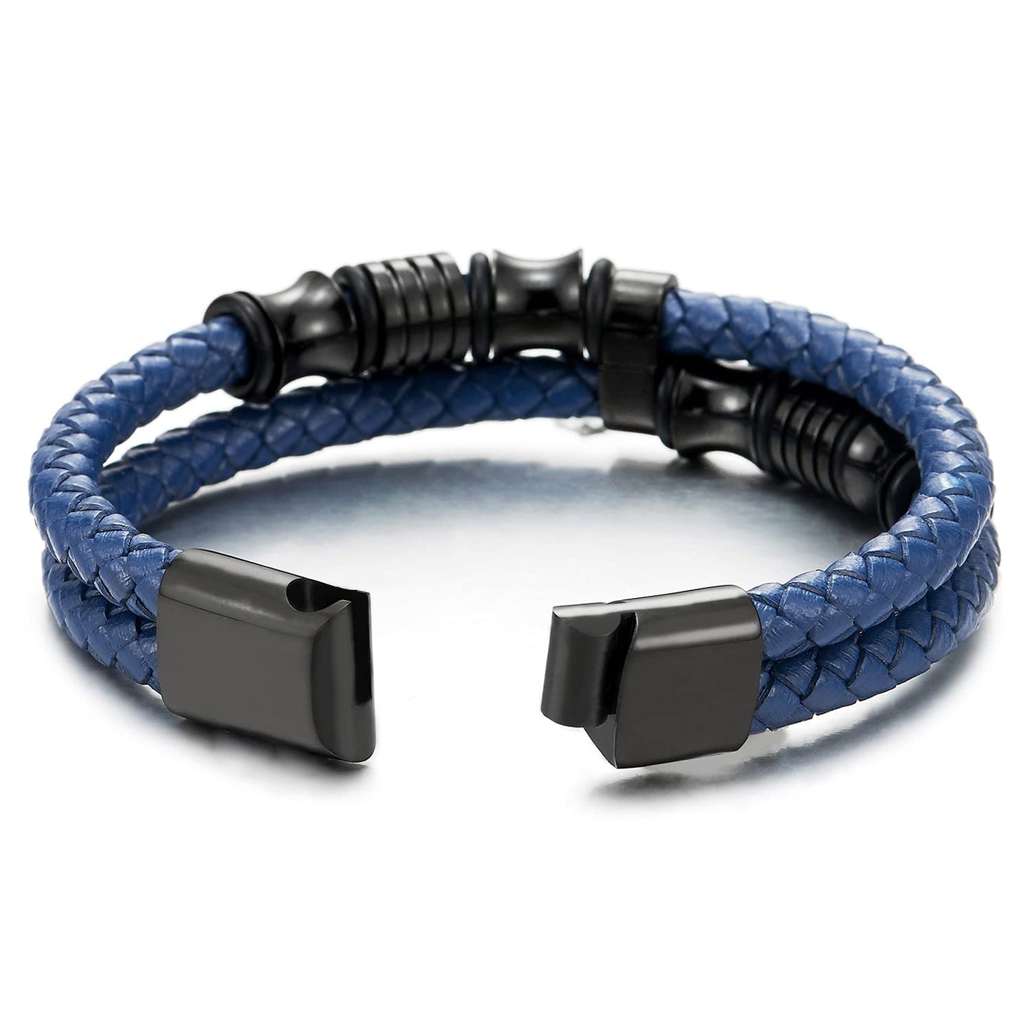 COOLSTEELANDBEYOND Mens Double-Row Braided Leather Bracelet Bangle Wristband with Stainless Steel Ornaments