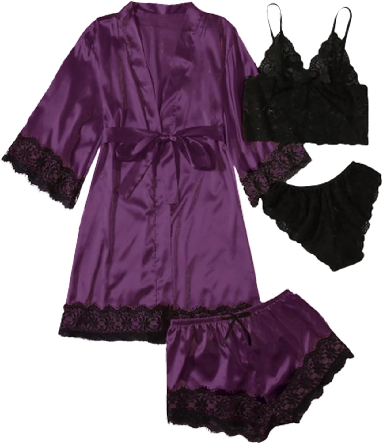 WDIRARA Women' Silk Satin Pajamas Set 4pcs Lingerie Floral Lace Cami Sleepwear with Robe