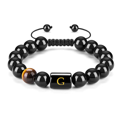 Initials Bracelets for Men Letter Link Handmade Natural Black Onyx Tiger Eye Stone Beads Braided Rope Meaningful Bracelet