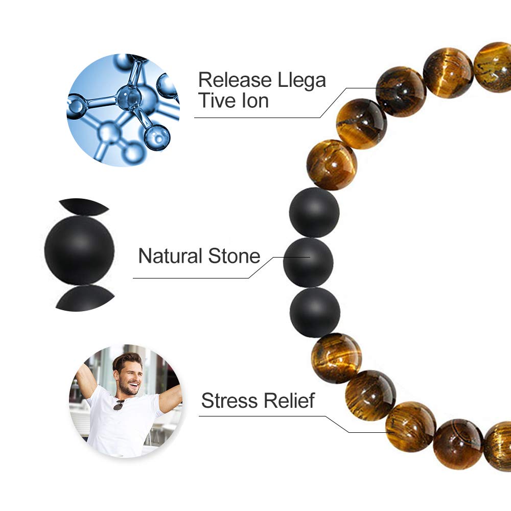 M MOOHAM Natural Stone Bracelets for Men - 8mm Tiger Eye | Matte Agate | Lava Rock Bracelets for Men Teen Boys Gifts Fathers Day Anniversary Birthday Gifts for Him